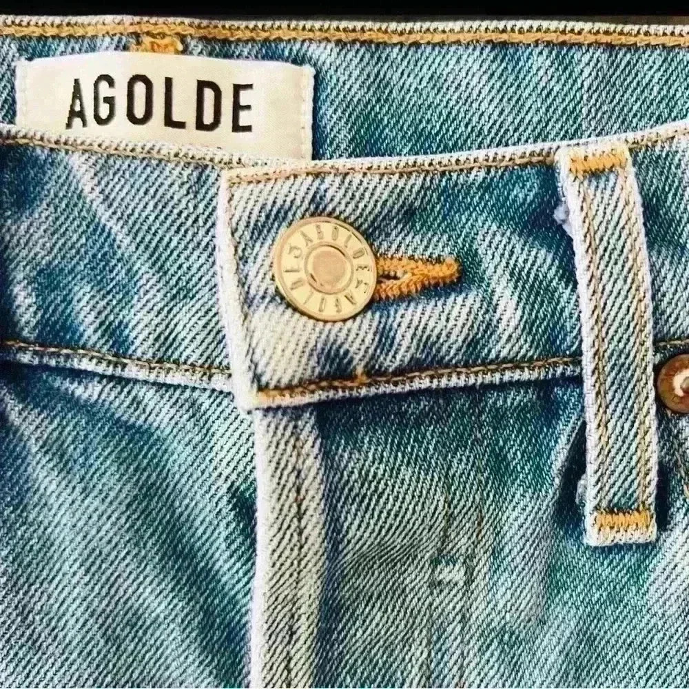 AGOLDE WOMENS QUINN HIGH RISE DISTRESSED DENIM MINI SKIRT MEDIUM WASH SIZE 25 - Picture 3 of 7